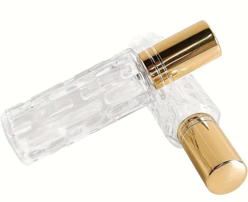 Prabangaus dizaino stiklo buteliukas 10 ml kvepalams su RUTULINIU aplikatoriumi (auksinė spalva) - Image 2